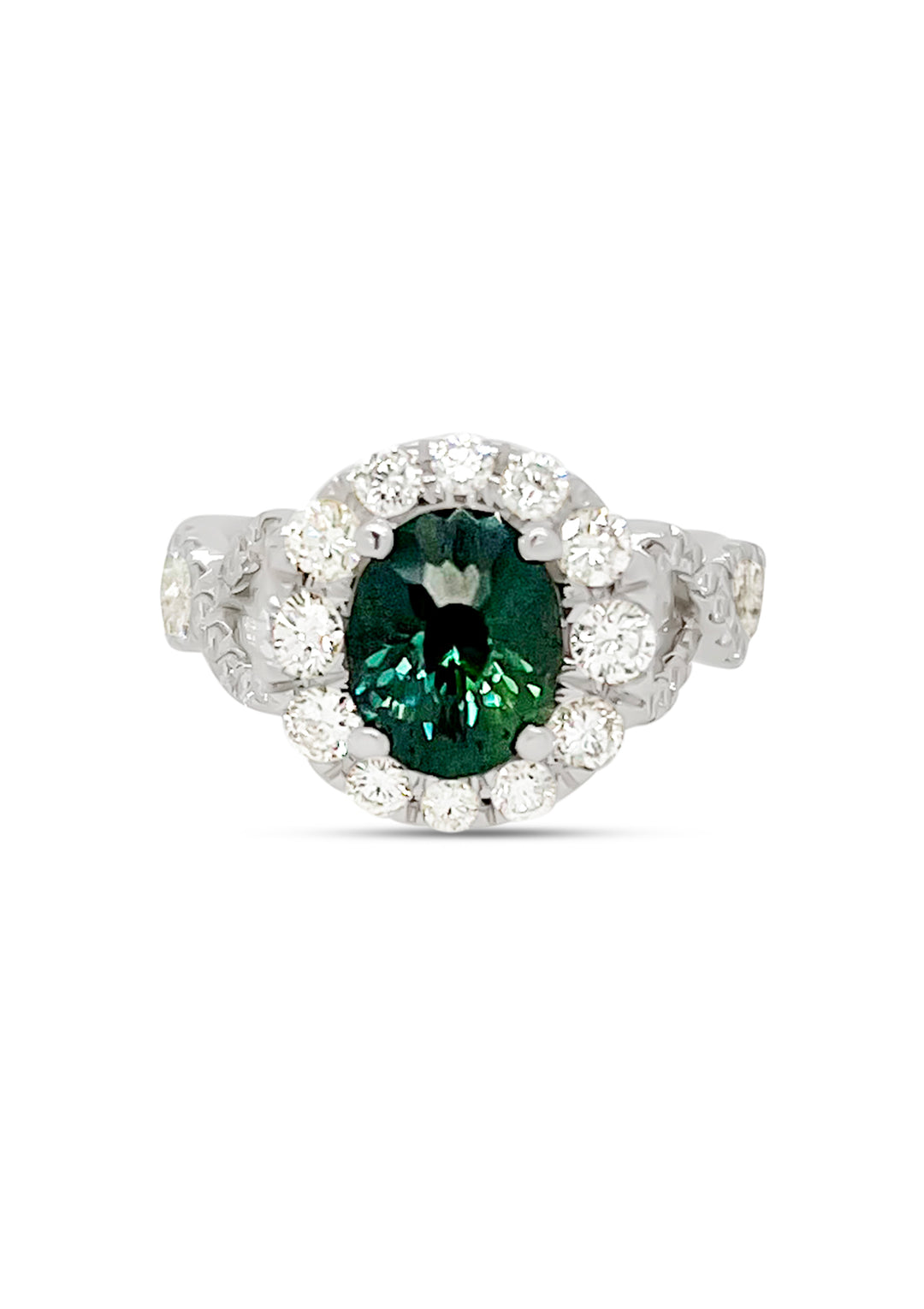 18K White Gold Bi - Color 2.50 Carat Green Sapphire And Diamond Ring