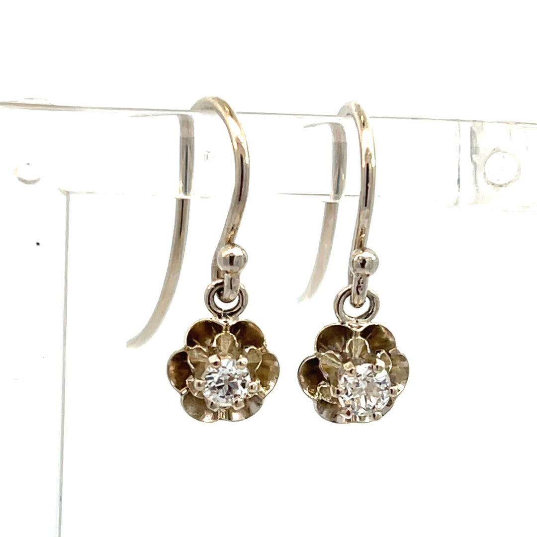 14K White Gold Old European Cut Diamond Buttercup Dangles