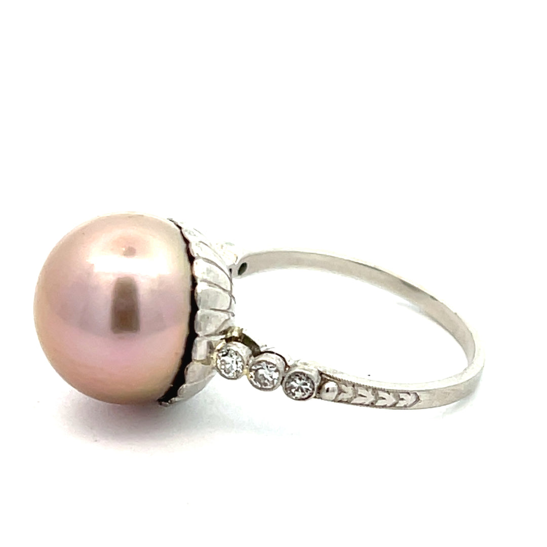 Platinum Edison Estate Cultured Pearl and Diamond Ring