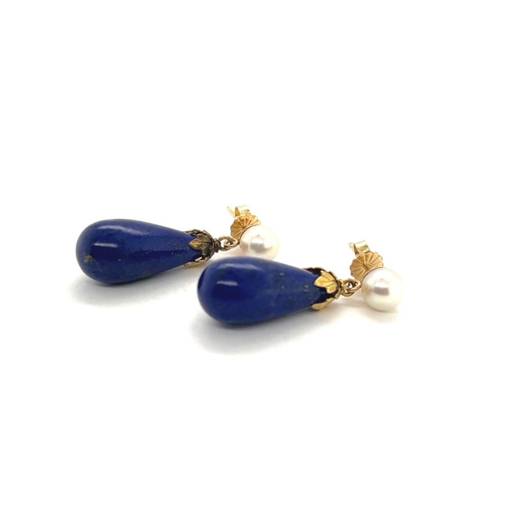 14K Yellow Gold Teardrop Lapis and Pearl Earrings