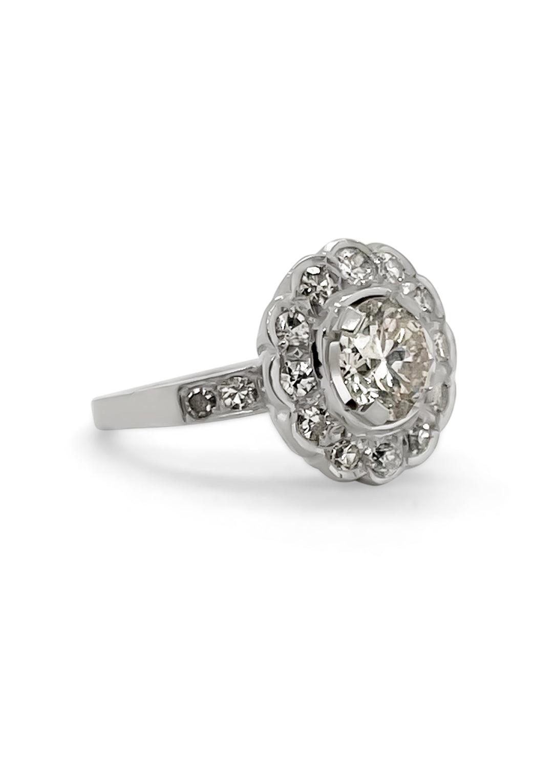 Platinum Retro Estate 1.26 Carat Diamond Flower Engagement Ring