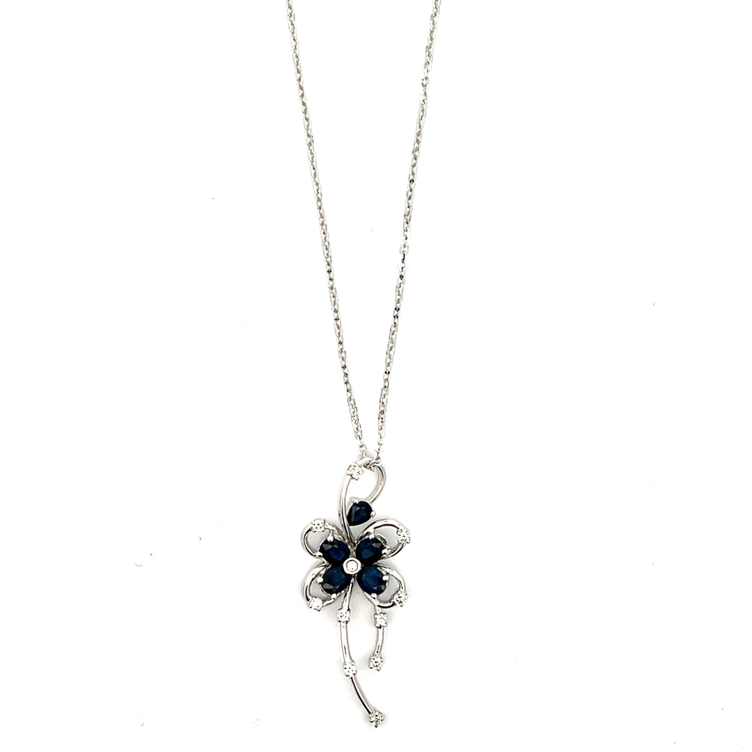 18K White Gold Sapphire And Diamond Flower Swirl Necklace