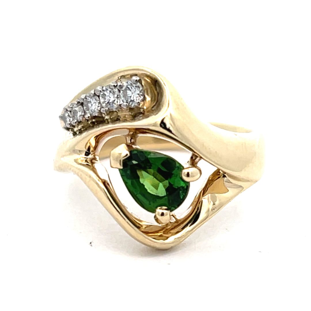 14K Yellow Gold Tsavorite Garnet and Diamond Freeform Ring