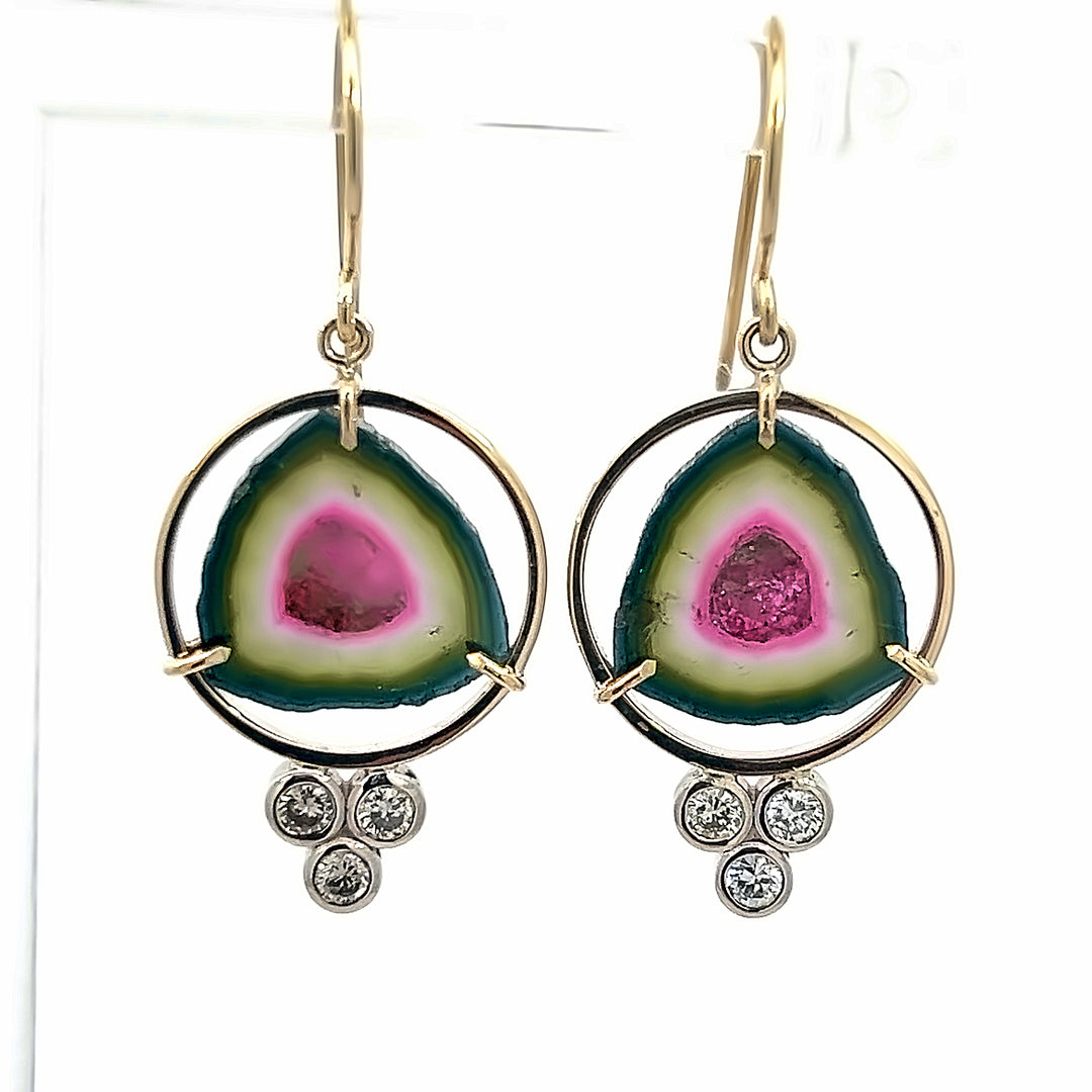 14K Yellow Gold Watermelon Tourmaline And Diamond Dangle Earrings