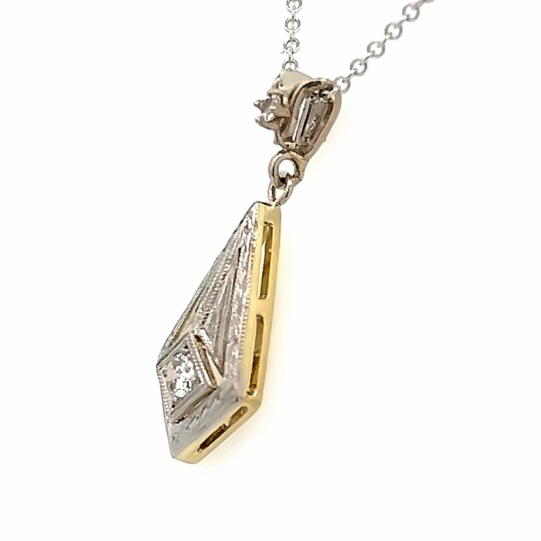 Platinum And 14K Yellow Gold 1920's Diamond Engraved Pendant