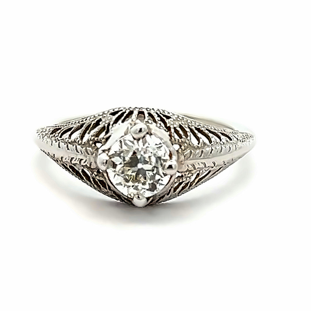 18K White Gold 0.62 Carat Old European Cut Diamond Filigree Ring