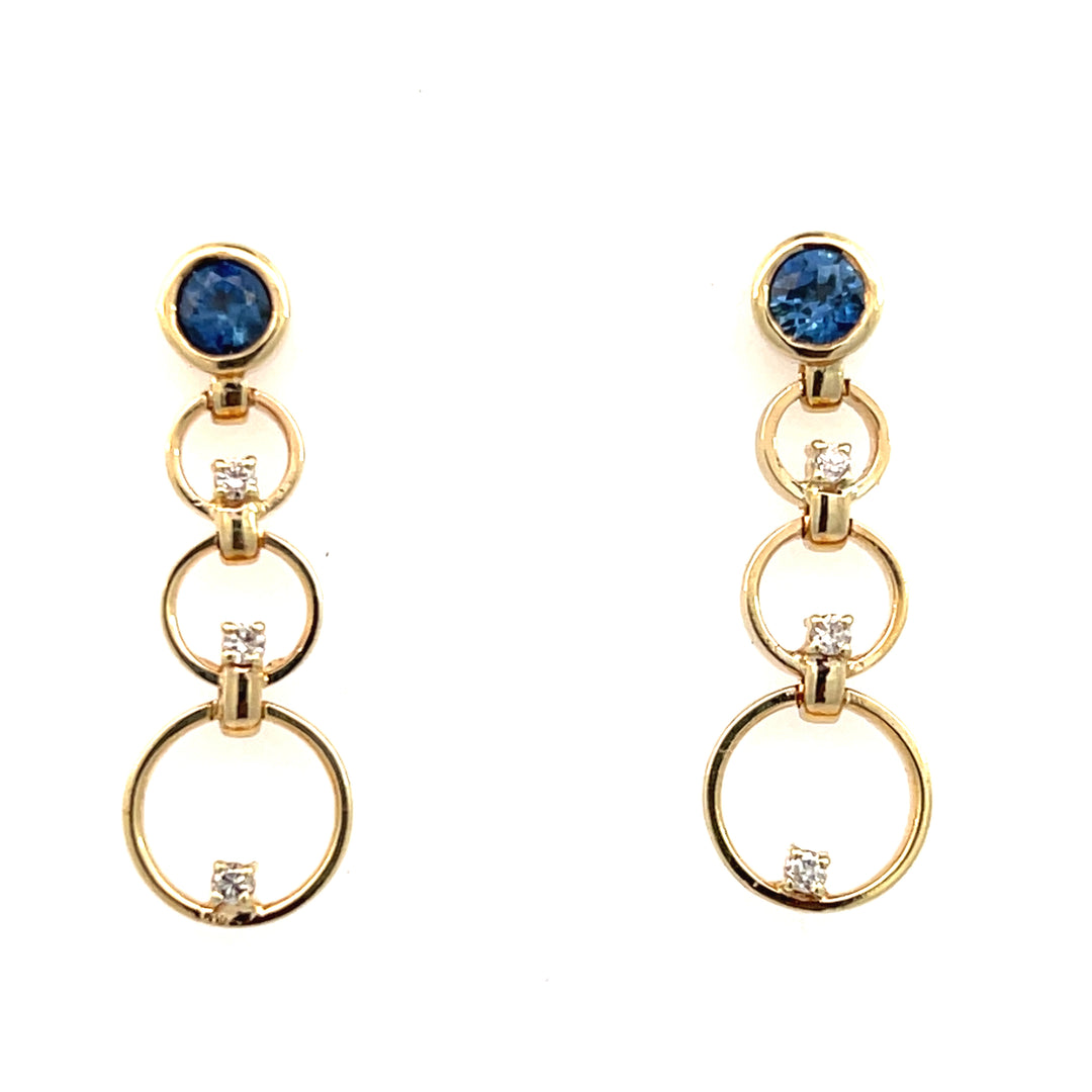 14K Yellow Gold Sapphire and Diamond Circle Dangle Earrings