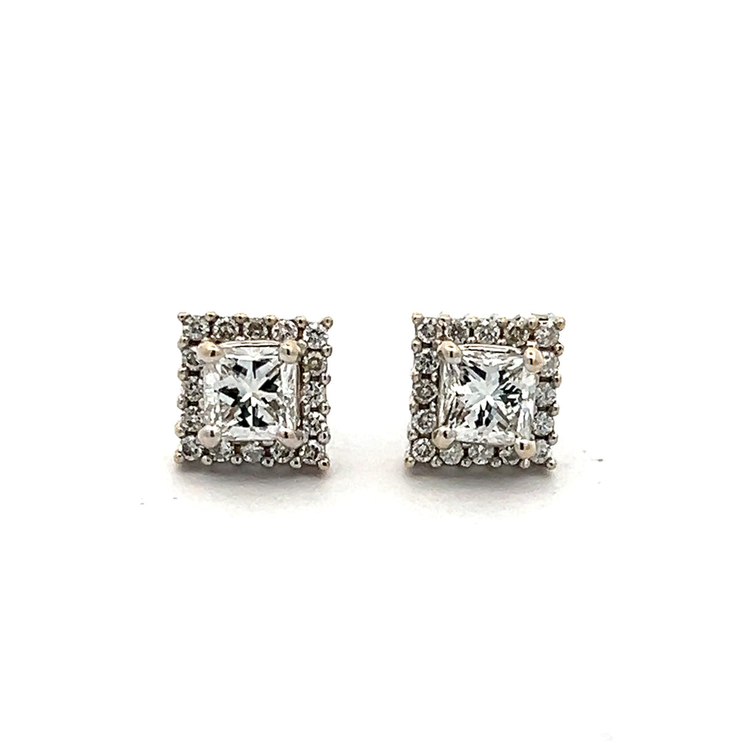 18K White Gold 0.82 Carat Princess Cut Diamond Halo Stud Earrings