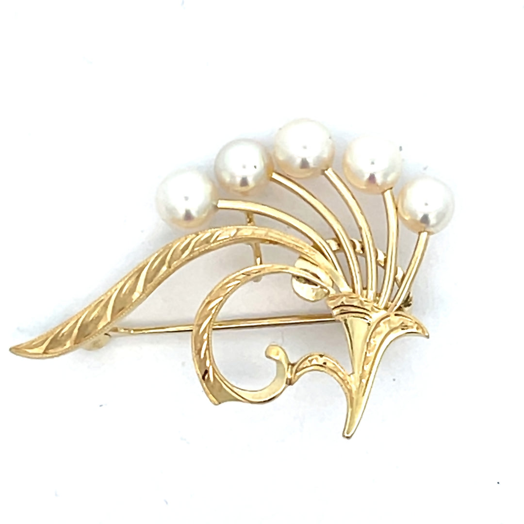 14K Yellow Gold Vintage Mikimoto Pearl Brooch