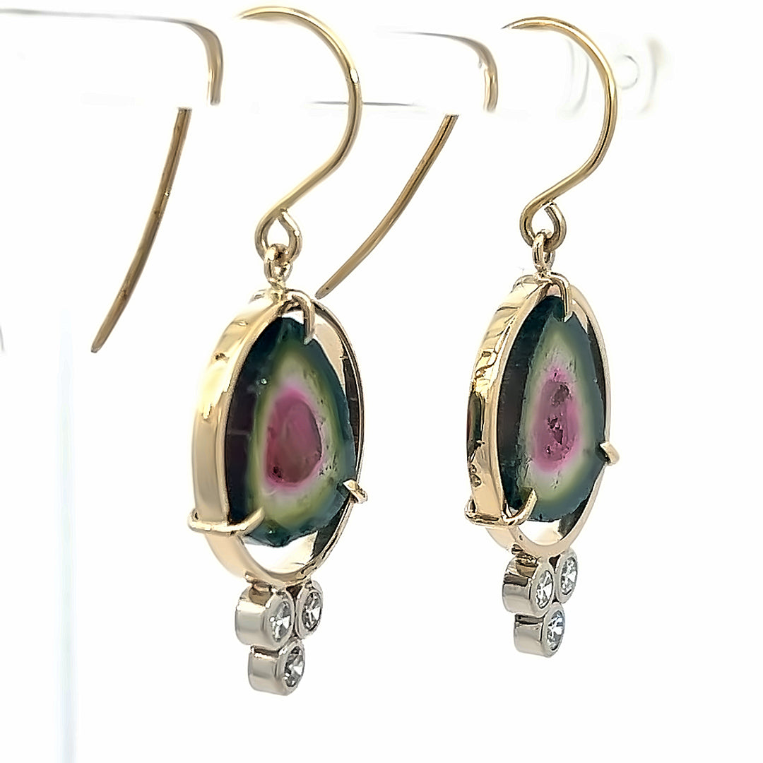 14K Yellow Gold Watermelon Tourmaline And Diamond Dangle Earrings