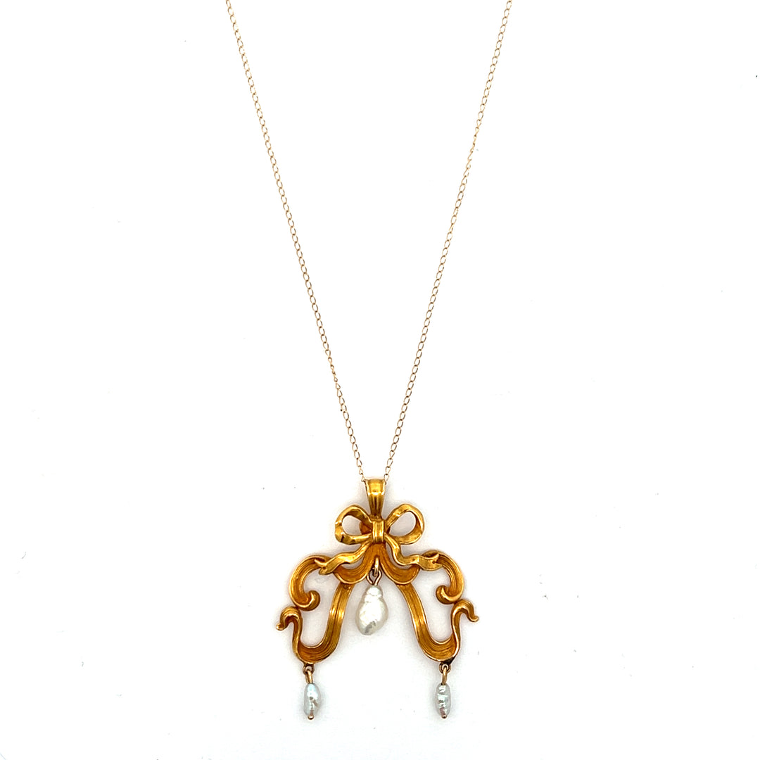 14K Yellow Gold Art Nouveau Pearl Ribbon Necklace