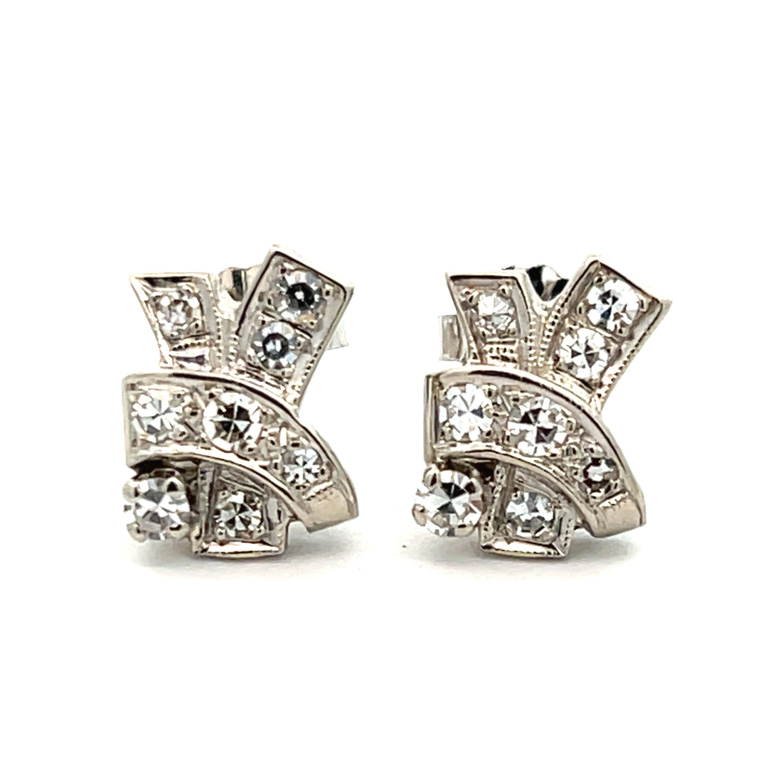 14K White Gold Art Deco Single Cut Diamond Earring Studs