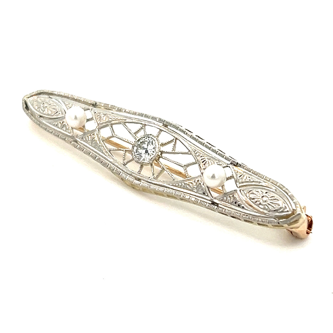 14K Yellow And White Gold Art Deco Diamond And Pearl Bar Pin