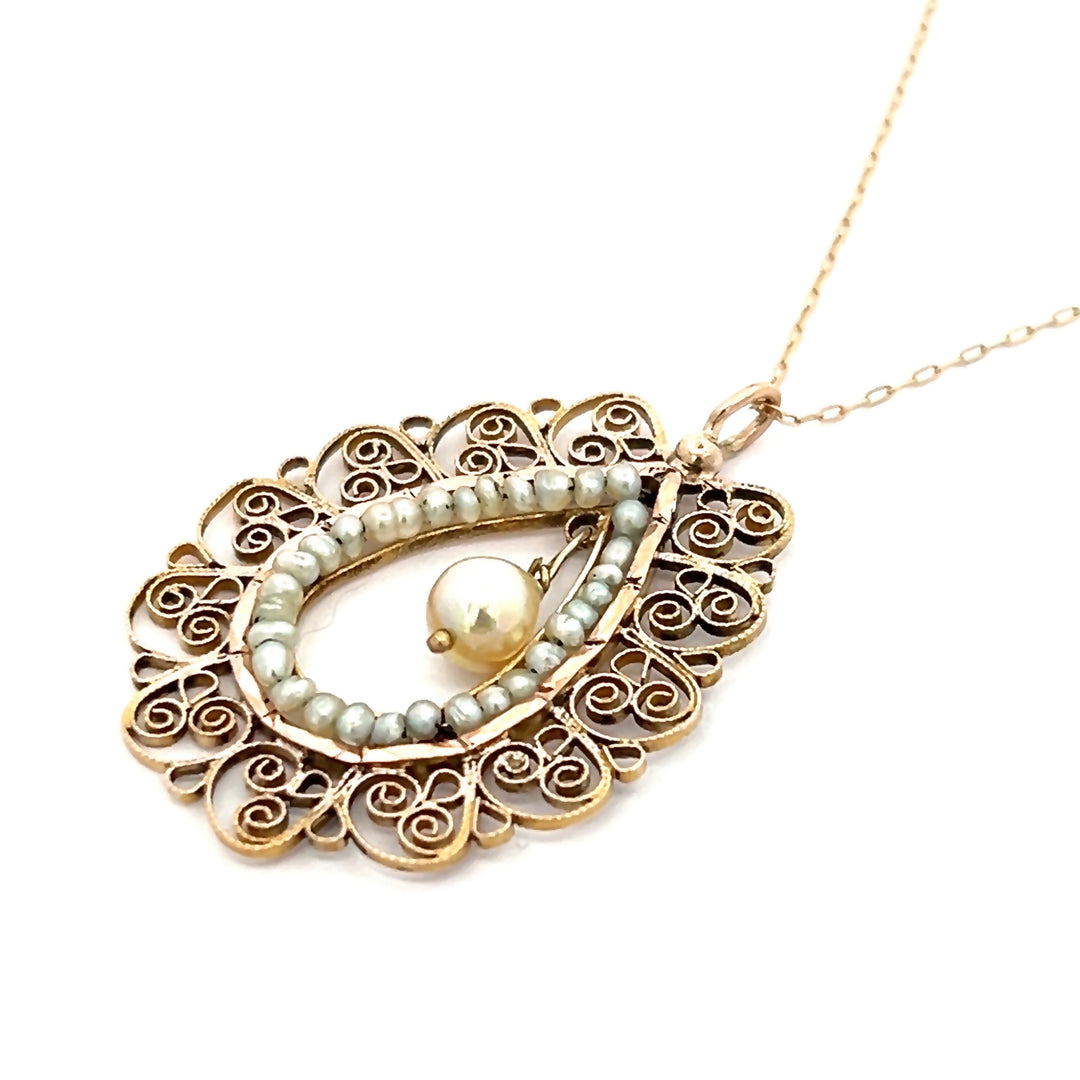 14K Yellow Gold Estate Seed Pearl Filigree Necklace