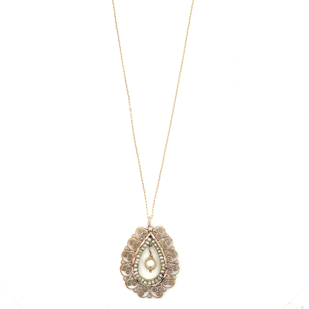 14K Yellow Gold Estate Seed Pearl Filigree Necklace