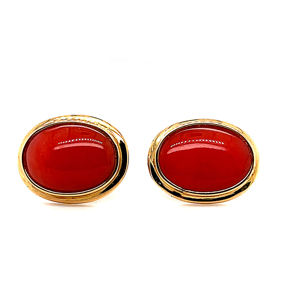 18K Yellow Gold Coral Cabochon Earrings