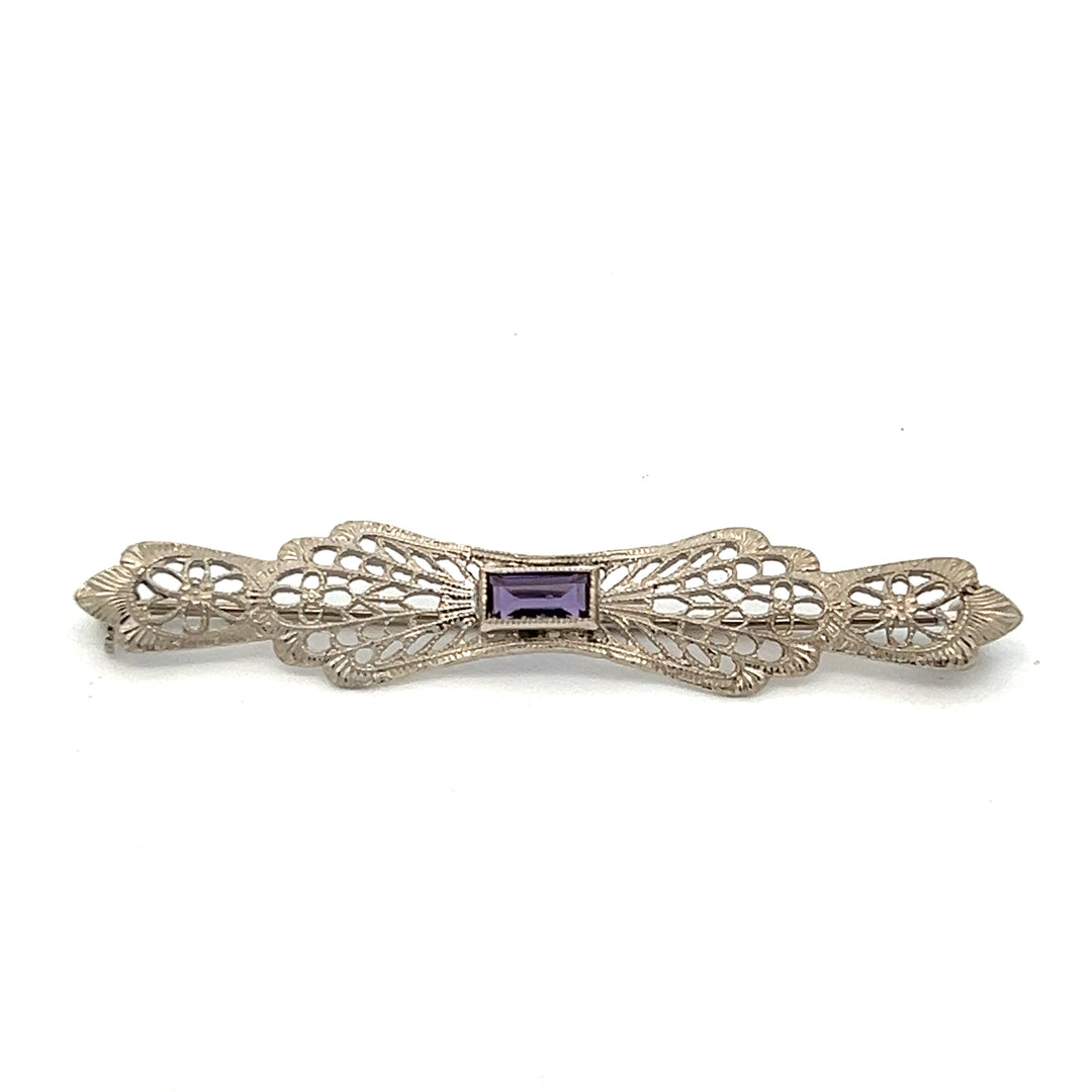 10K White Gold Art Deco Purple Glass Bar Pin