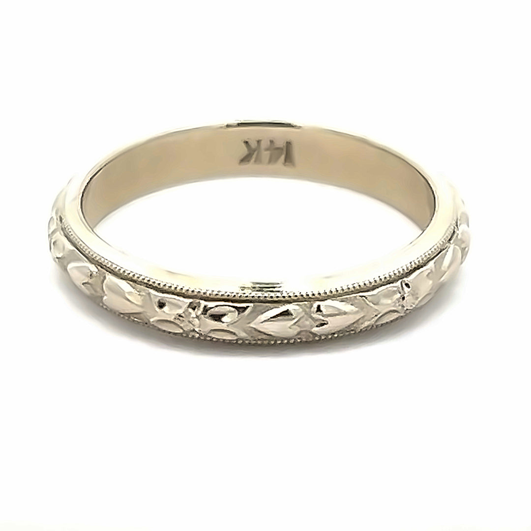 14K White Gold Floral Engraved Wedding Band