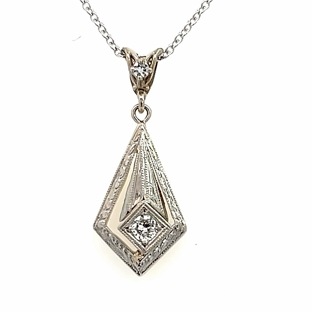 Platinum And 14K Yellow Gold 1920's Diamond Engraved Pendant