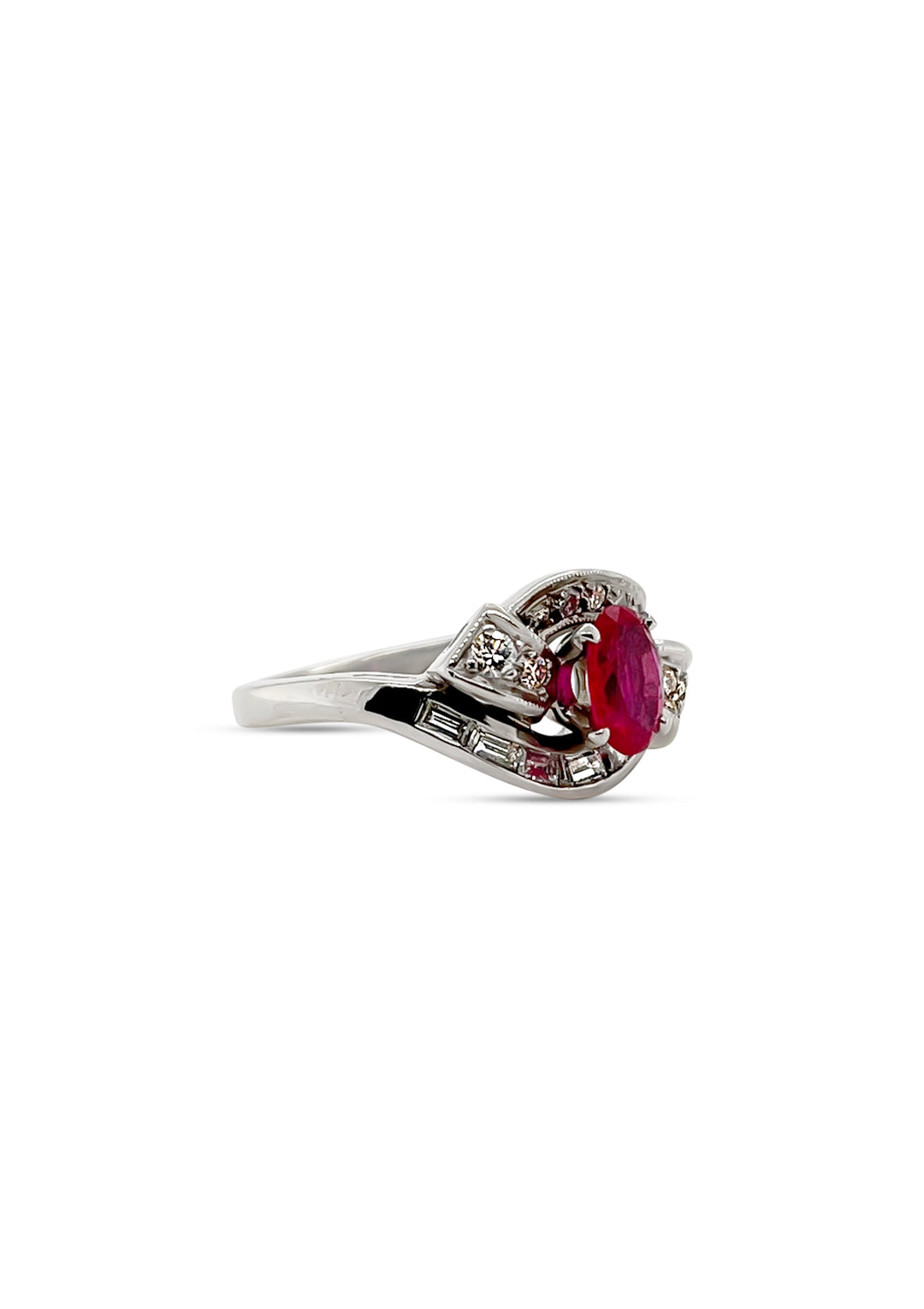 14k White Gold 1950's Estate 1.10 Carat Synthetic Ruby And Diamond Bow Ring