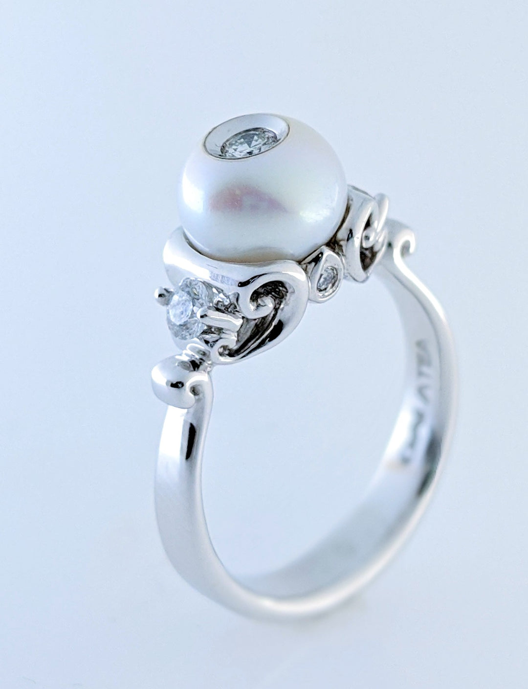 14K White Gold Freshwater Pearl And Diamond Ring By Galatea