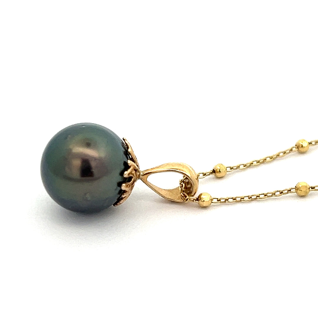 14K Yellow Gold 10.5mm Black Tahitian Pearl Pendant