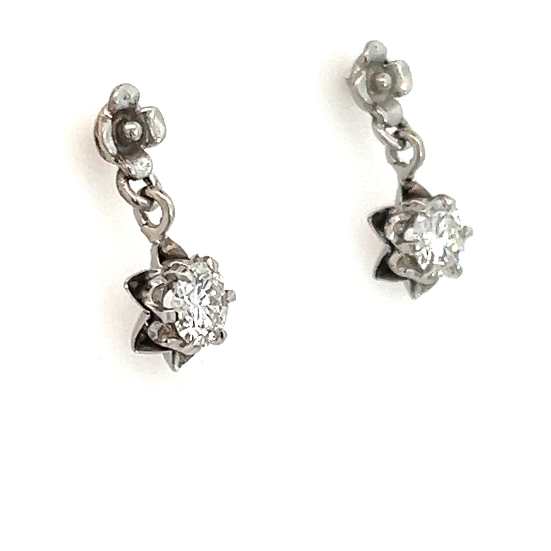 18K White Gold Estate 1.06 Carat Diamond Buttercup Dangle Earrings