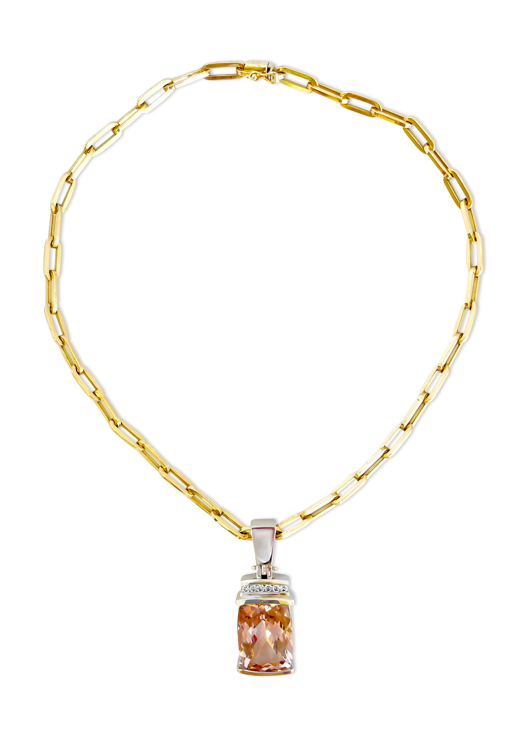 14K White Gold 28.72 Carat Morganite And Diamond Pendant With 14K Yellow Gold Paperclip Chain Necklace