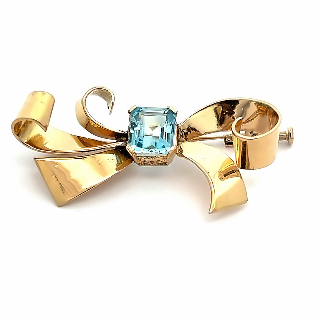 14K Yellow Gold Antique Aquamarine Bow Brooch