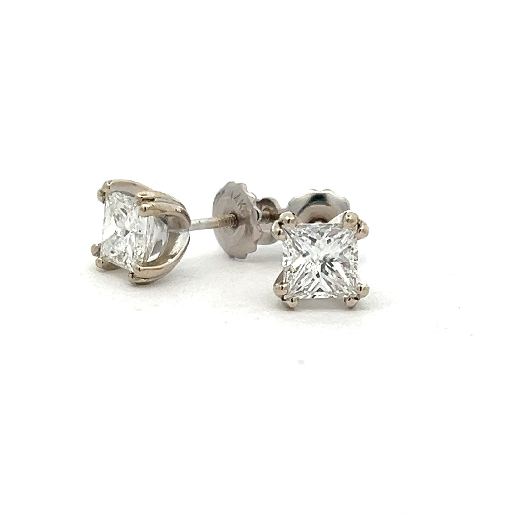 14K White Gold 1.40 Carat Princess Cut Diamond Stud Earrings
