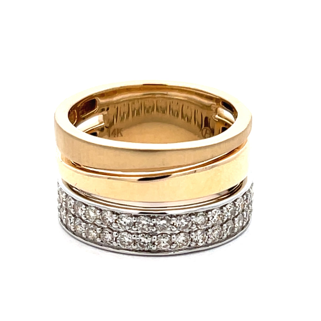 14K Yellow/White Gold Three Row Diamond Pave Band