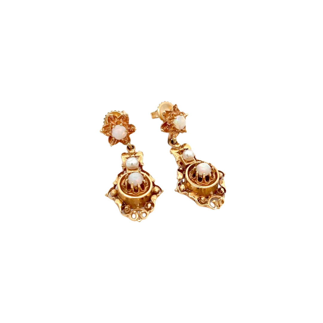 14K Yellow Gold Estate Opal and Pearl Dangle Earrings