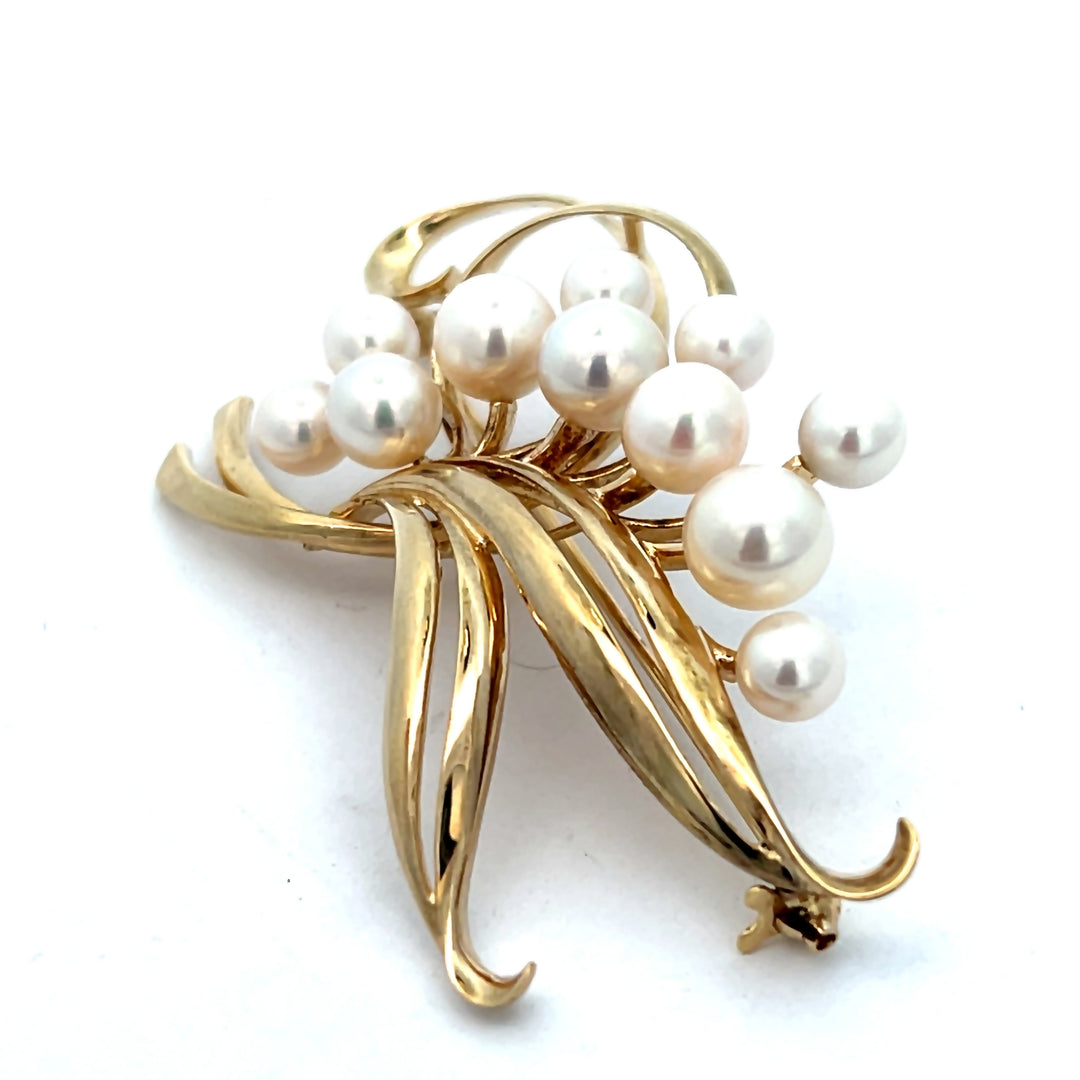 14K Yellow Gold Vintage Mikimoto Pearl Floral Brooch