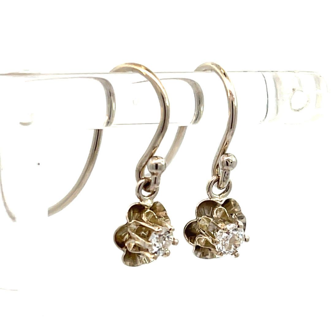 14K White Gold Old European Cut Diamond Buttercup Dangles