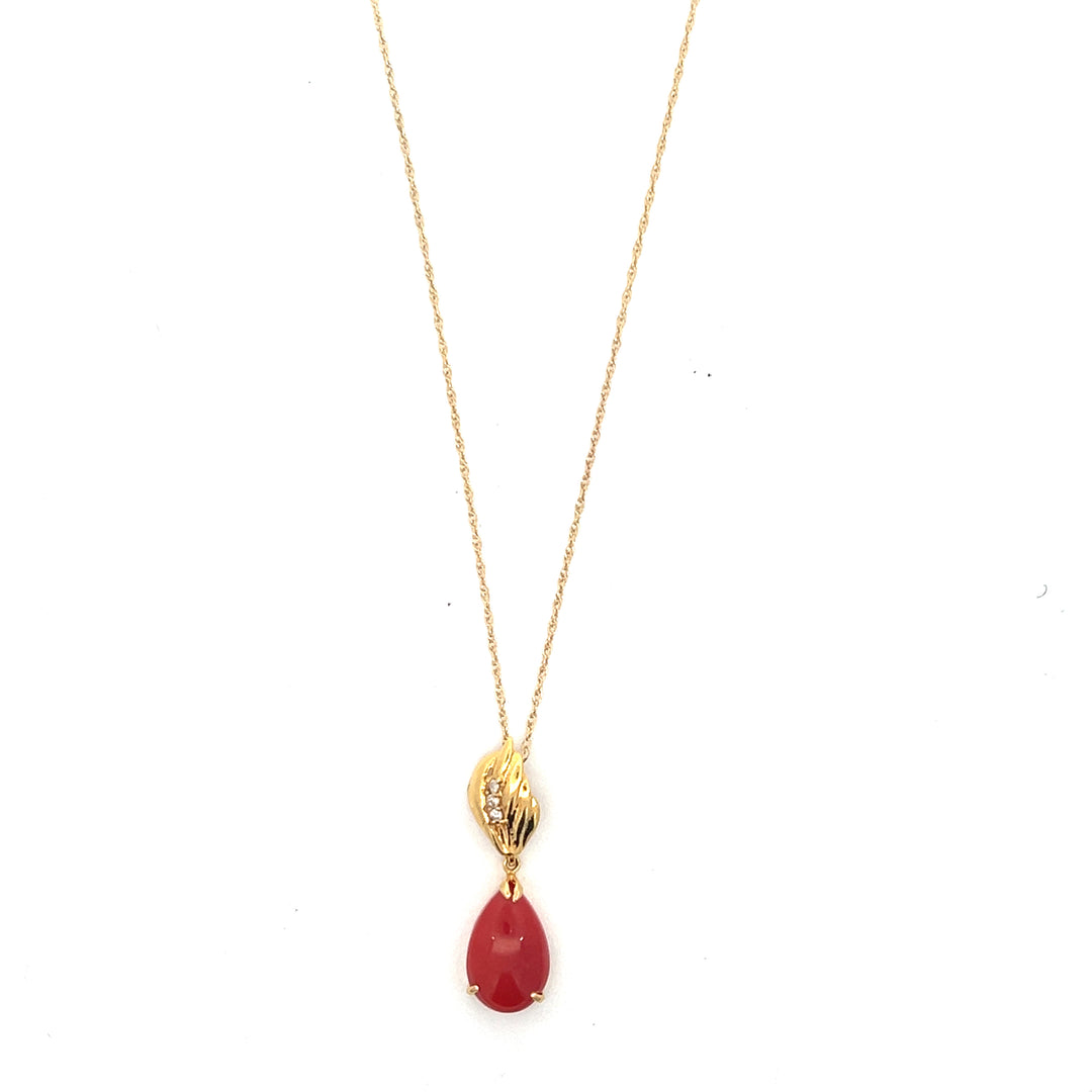 14K Yellow Gold Coral And Diamond Drop Pendant