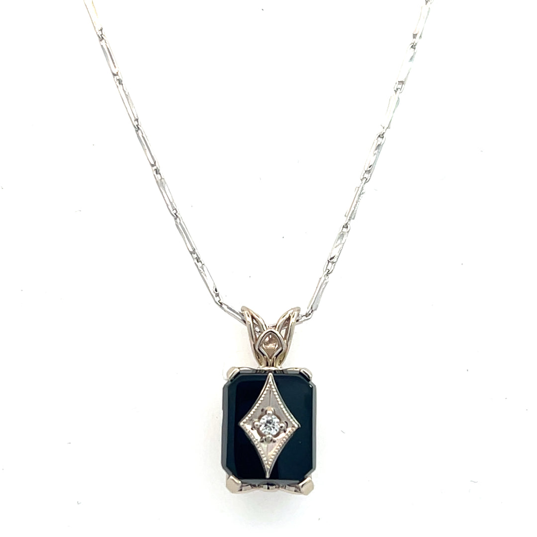 14K White Gold Onyx and Diamond Necklace