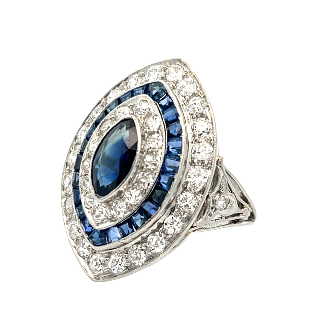 Platinum Estate Sapphire And Diamond Shield Ring