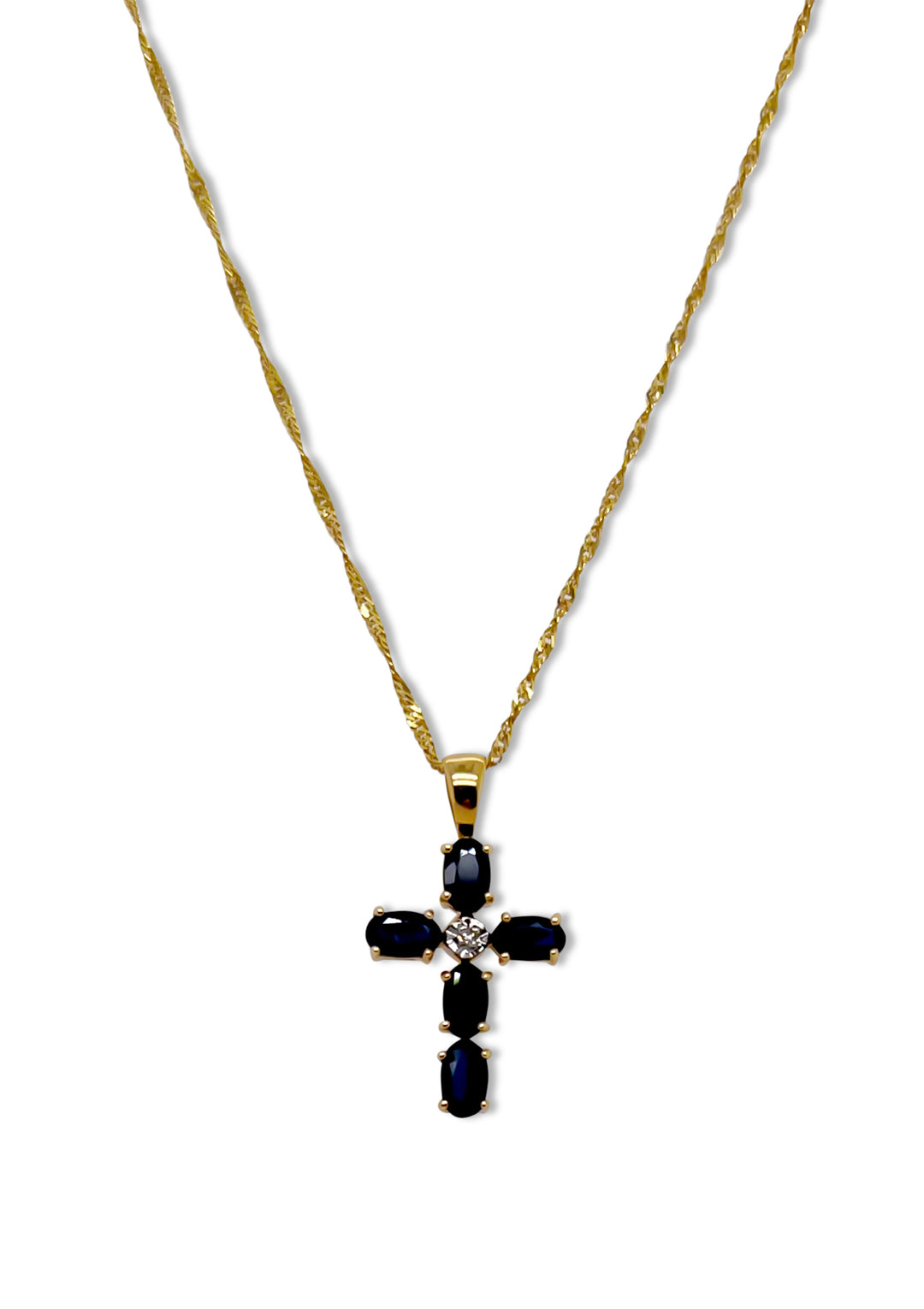 14K Yellow Gold Sapphire And Diamond Cross Necklace