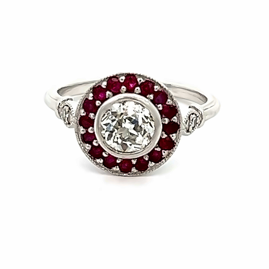 Platinum Art Deco 0.78 Carat Diamond And Ruby Halo Ring