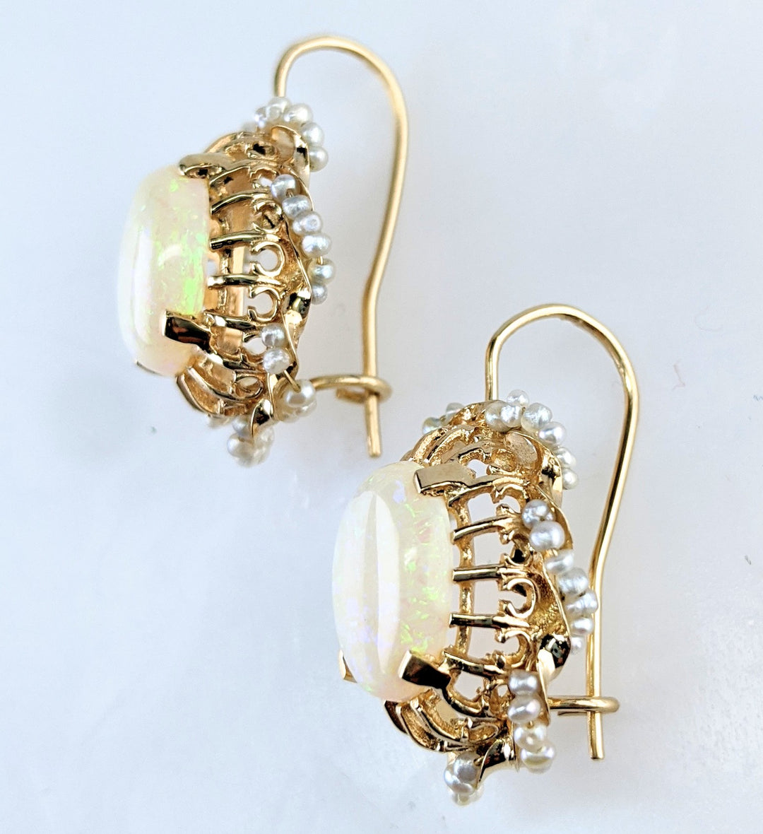 14K Yellow Gold Estate Opal And Seed Pearl Earrings