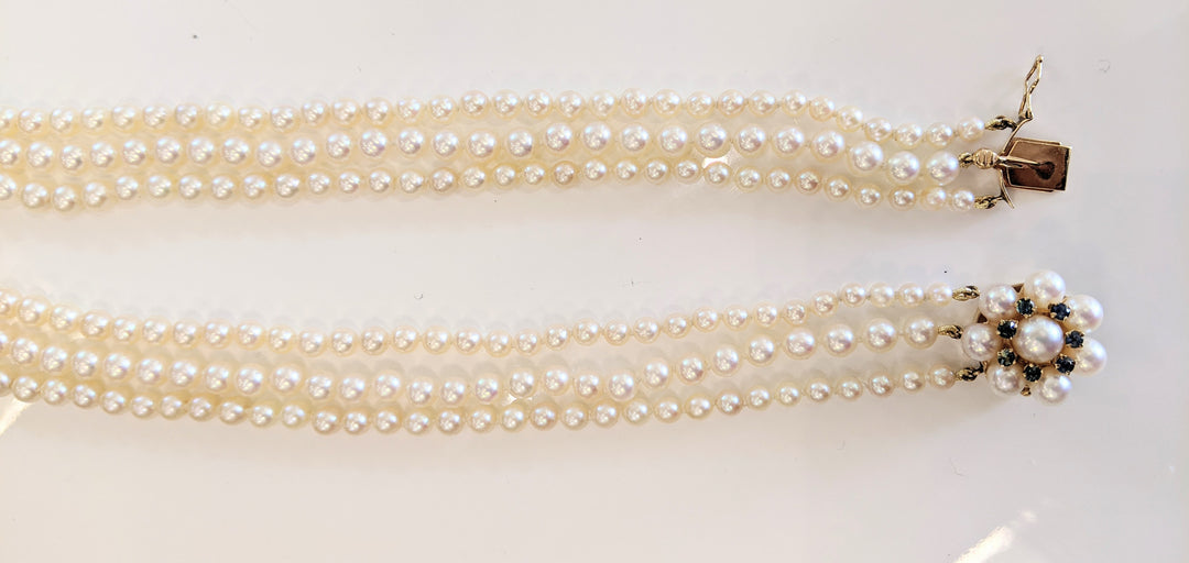 14K Yellow Gold Triple Strand Pearl Necklace With Gemstone Clasp