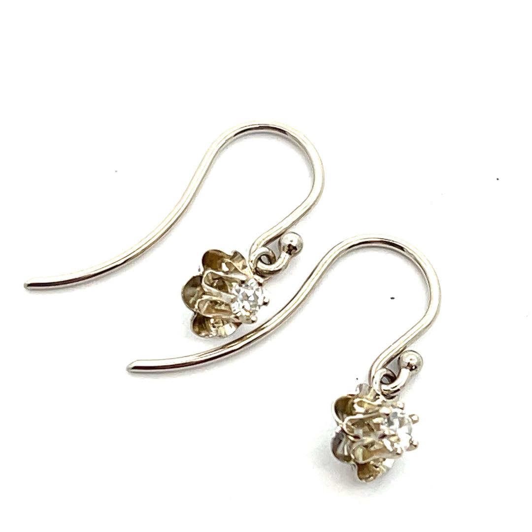 14K White Gold Old European Cut Diamond Buttercup Dangles