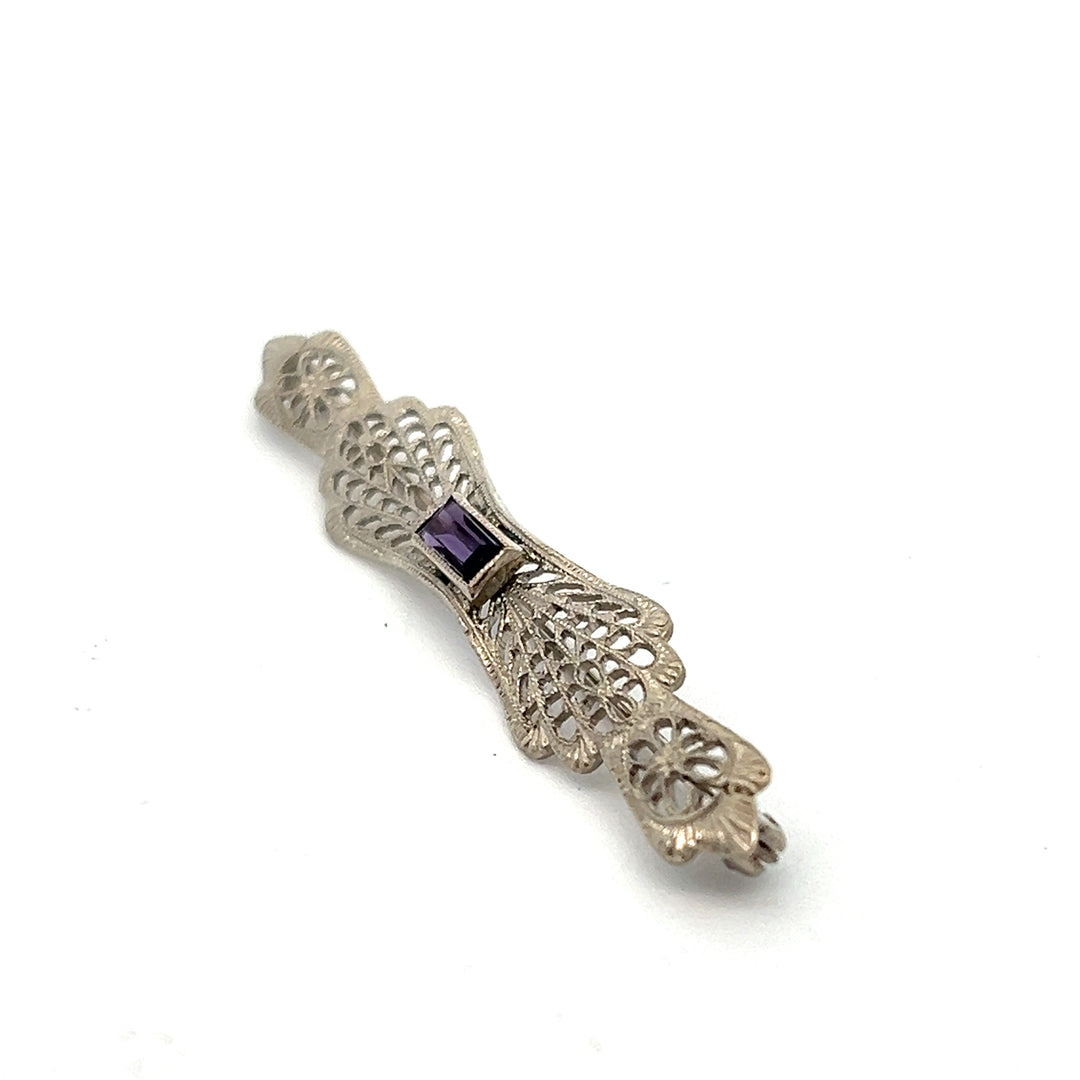 10K White Gold Art Deco Purple Glass Bar Pin