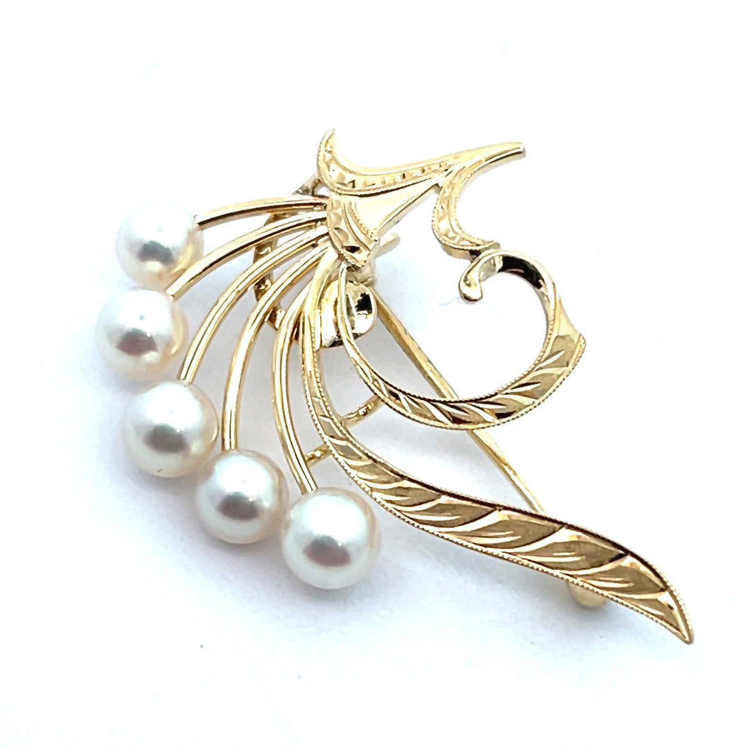 14K Yellow Gold Vintage Mikimoto Pearl Brooch