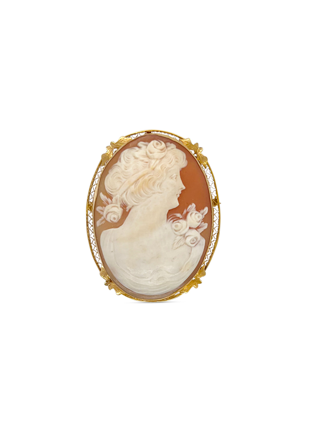 14K Yellow Gold Filigree Shell Cameo Brooch