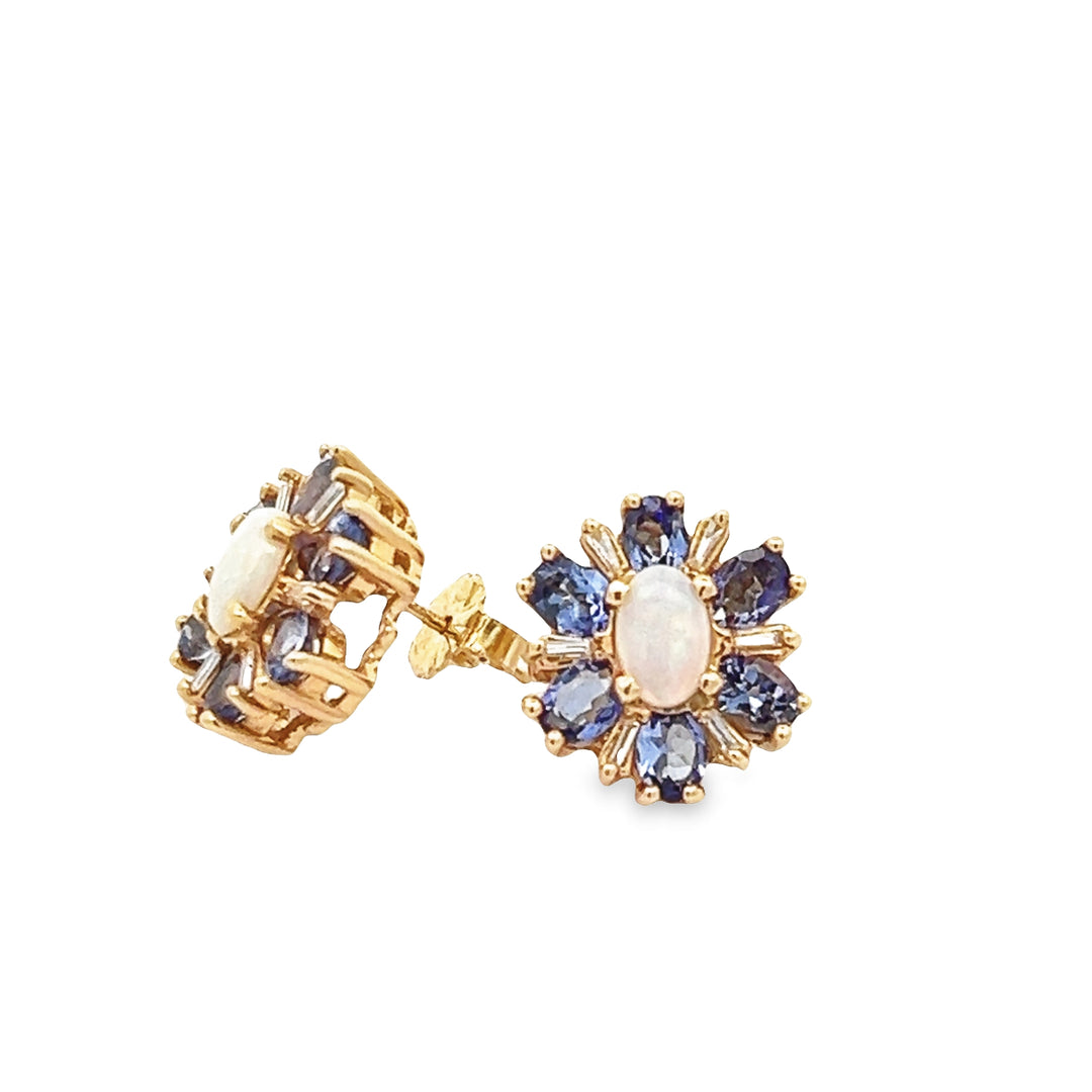 14K Yellow Gold Tanzanite, Opal, And Baguette Diamond Flower Earrings
