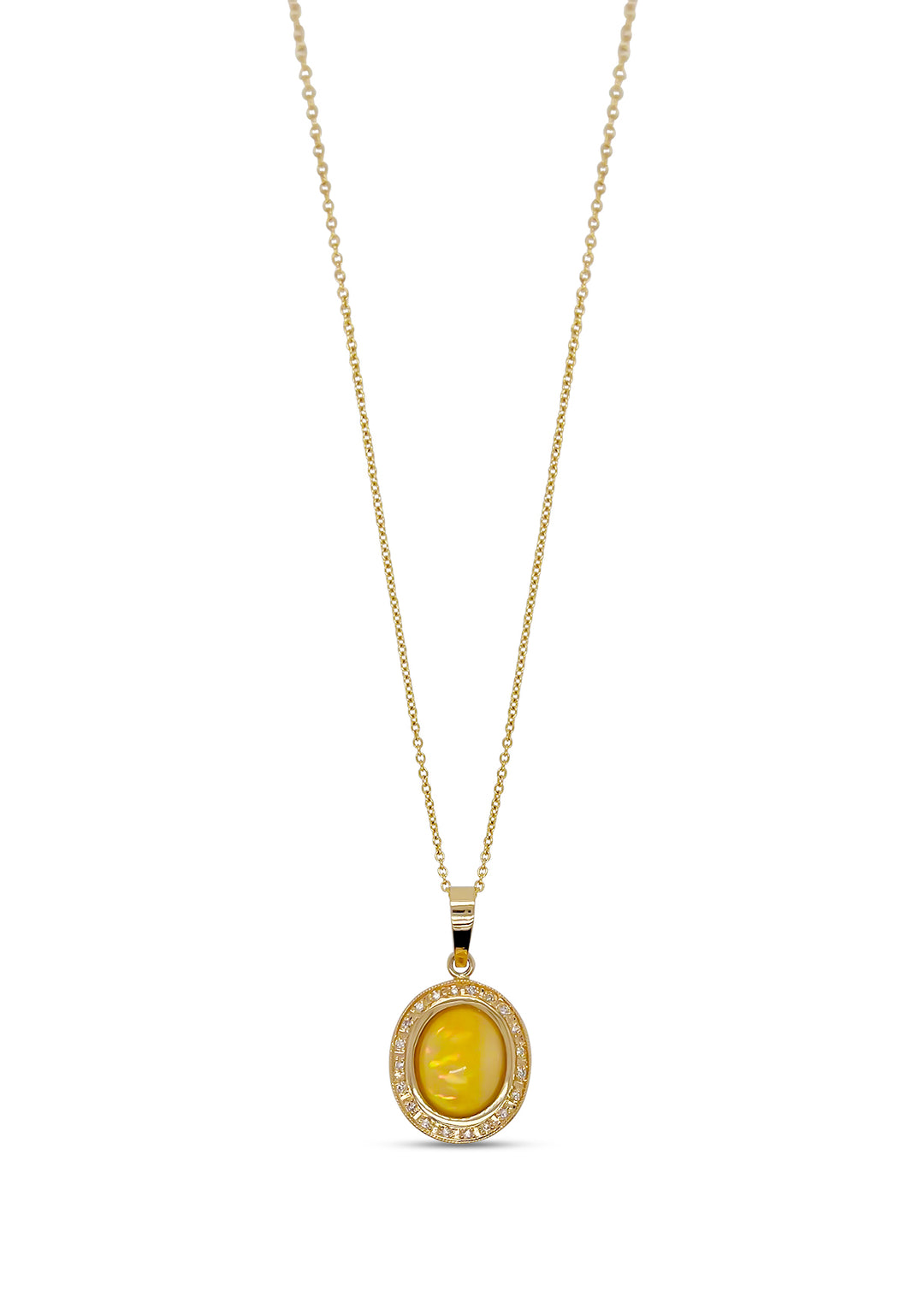 14K Yellow Gold Ethiopian Opal And Diamond Halo Necklace