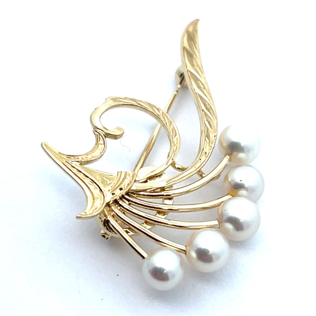 14K Yellow Gold Vintage Mikimoto Pearl Brooch