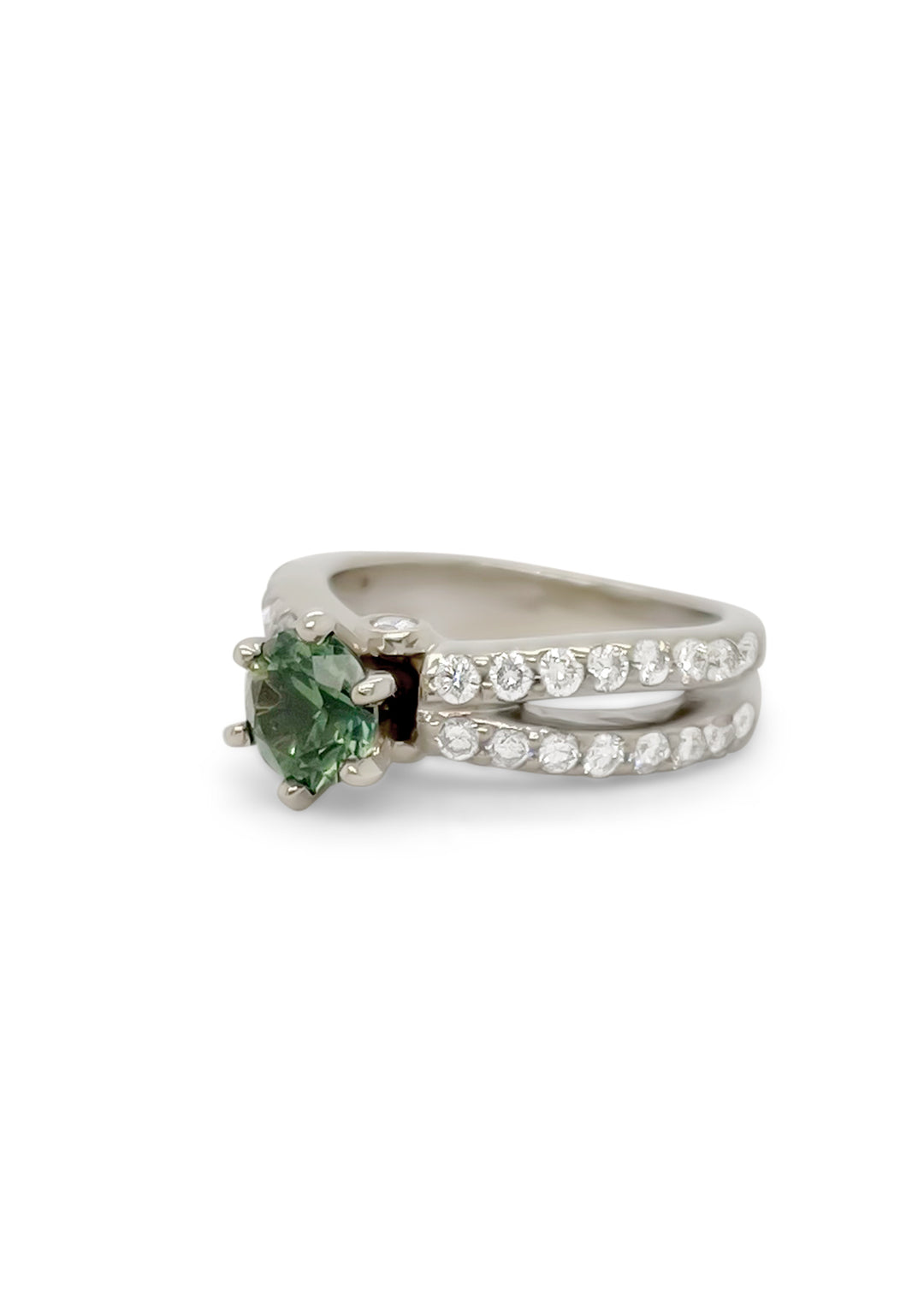 14K White Gold .99 Carat Montana Green Sapphire And Diamond Ring