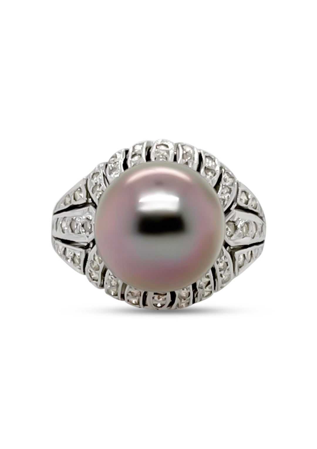 18K White Gold 10mm Gray Tahitian Pearl And Diamond Ring